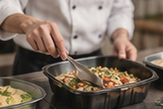 Un cuisinier prépare un plat en barquette
