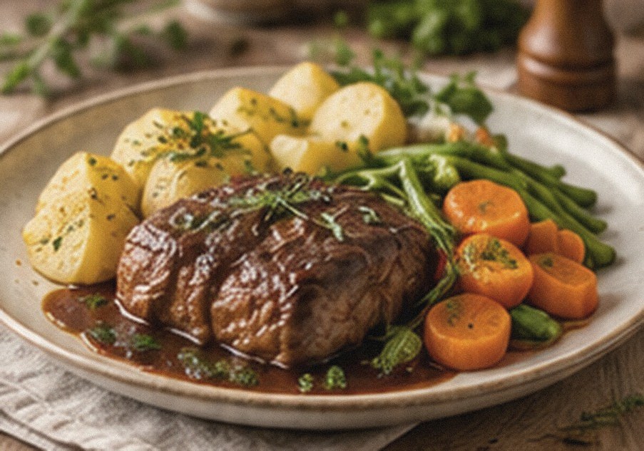 Une assiette de viande mijotée, pommes de terre, carottes et haricots verts