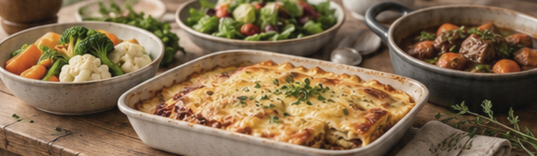 Gratin, légumes, salade et ragoût sur une table en bois